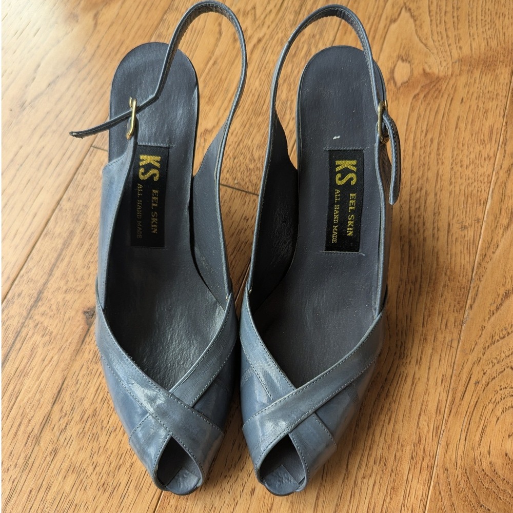 VTG Kitten Heels Slate Blue Genuine Eel Skin Peep Toe Slingback Sz‎ 5.5 Handmade